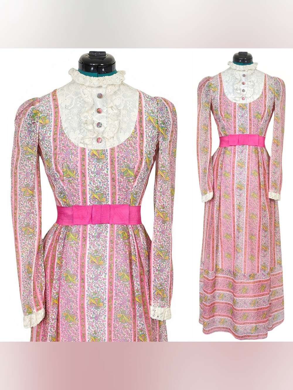 1970s Vintage Dress 70s Maxi Prairie Revival Pink Floral Stripes XS Lace Bib Bow